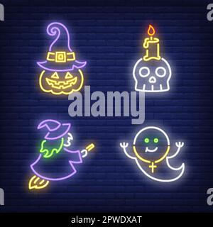 Pumpkin, witch, ghost and skull neon signs set Stock Vector
