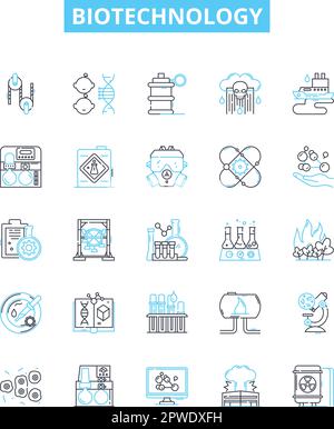 Biotechnology vector line icons set. Biotech, Genetics, Bioengineering, Genomics, Recombinant, Microbiology, Enzymes illustration outline concept Stock Vector