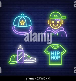 Teenager in cap, t-shirt and spray can neon signs set Stock Vector