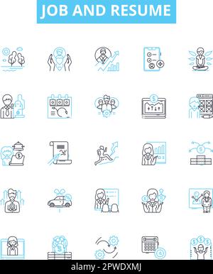 Job and resume vector line icons set. Job, Resume, Employment, Hiring, Interview, Career, Application illustration outline concept symbols and signs Stock Vector