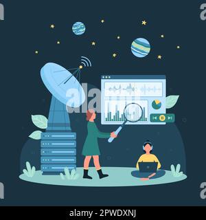 Receiving signal from space vector illustration. Cartoon tiny people holding magnifying glass to research graphic equalizer chart in radar antenna report, receive digital message of alien planet Stock Vector