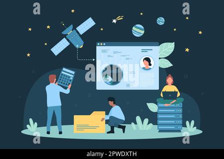 Space discovery vector illustration. Cartoon astronomers discover stars and planets of galaxy, connect to satellite and shuttle for cosmic research, work on universe exploration on space station Stock Vector