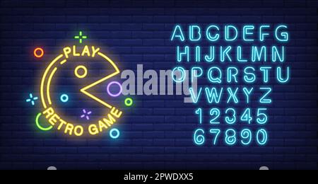 Play Retro Game lettering with pacman sign on brick background Stock Vector