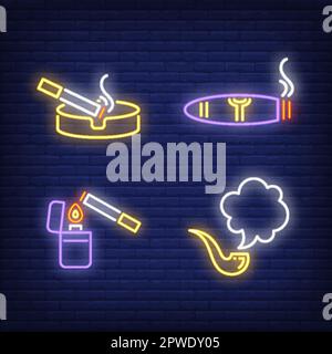 Cigarette in ashtray, smoking pipe and lighter neon signs set Stock Vector