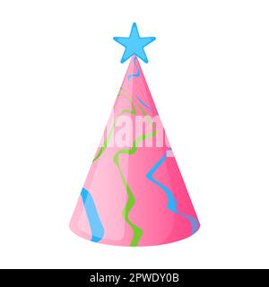 Cone colorful cap with star at top and abstract curved streaks for happy birthday party. Vector illustration of kids paper hat for carnival Stock Vector