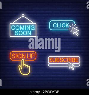 Coming soon, click, sign up, subscribe neon letterings set Stock Vector