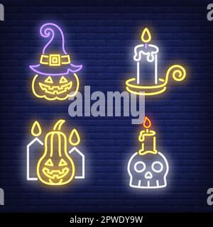 Pumpkins, candles and skull neon signs set Stock Vector