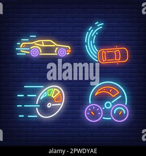 Racing cars and speedometers neon signs set Stock Vector