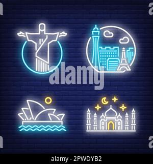 Landmarks neon sign set. Rio de Janeiro Stock Vector
