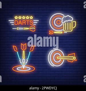 Darts hitting targets and beer mug neon signs set Stock Vector