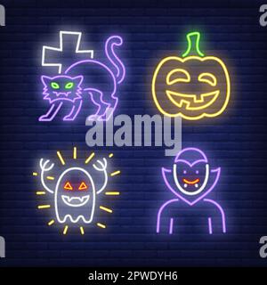 Dracula, pumpkin, cat and ghost neon signs set Stock Vector