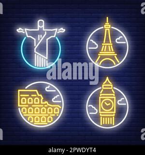 Landmarks neon sign set. London, Rio de Janeiro Stock Vector
