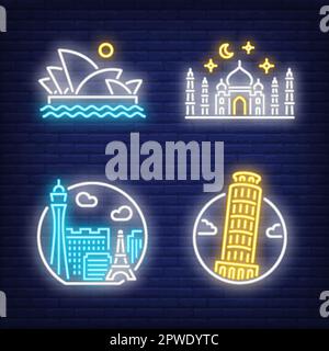 Landmarks neon sign set. Pisa, Las Vegas Stock Vector