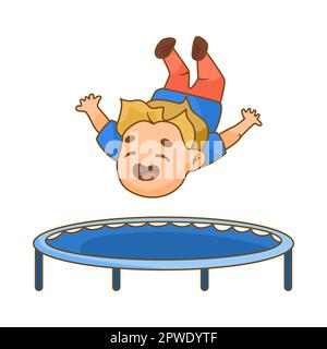 Small boy jumping and falling on blue trampoline cartoon illustration Stock Vector
