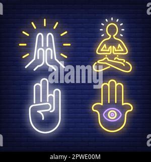Mudra gestures, hamsa hand and person meditating neon signs set Stock Vector