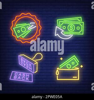 Cash back stamp, wallet and banknotes neon signs set Stock Vector