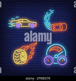 Racing cars, wheel on fire and speedometer neon signs set Stock Vector