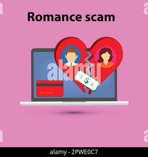 Faceless man and woman on a broken heart, dollar banknote and credit card in front of a laptop, romance scam concept Stock Vector
