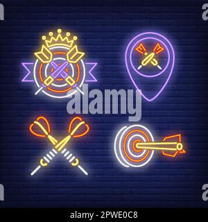 Darts, targets, win and pointer neon signs set Stock Vector