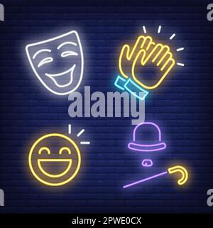 Laughing mask, smiley, cane, hat and clapping hands neon signs Stock Vector