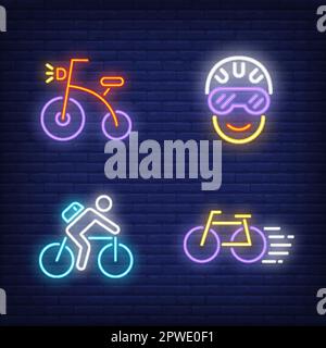 Cyclists and bicycles neon signs set Stock Vector