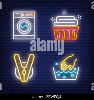 Washing machine, linen, hand washing and clothes peg neon signs set.  Stock Vector