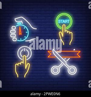 Ribbon cutting, switching on, start and stop watch neon signs Stock Vector