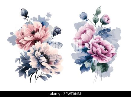 Vintage watercolor blue and pink flowers, isolated and editable vector. Stock Vector
