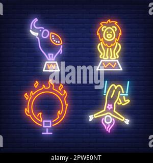 Circus acrobat elephant, lion and ring on fire, neon signs set Stock Vector