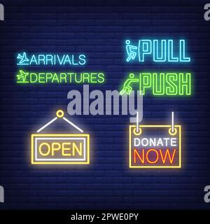 Airport tablets neon sign set. Arrivals, Departures Stock Vector