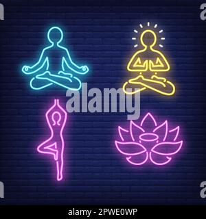 People practicing yoga and meditating neon signs set Stock Vector