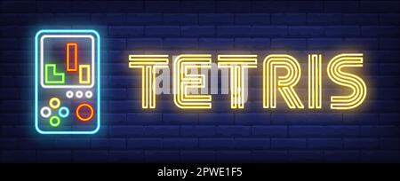 Tetris neon text with portable retro videogame console Stock Vector