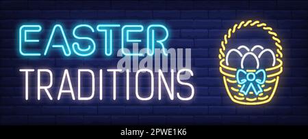 Easter traditions neon sign. Decorated basket with eggs Stock Vector