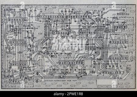 Old radio circuit printed on vintage paper electricity diagram as background for education, electricity industries and repair. Electric radio scheme f Stock Photo