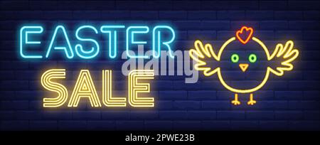 Easter sale neon sign. Little chicken Stock Vector