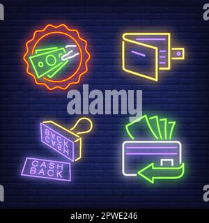 Cash back stamp, wallet, credit card, banknotes neon signs set Stock Vector