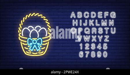 Basket with eggs neon sign Stock Vector