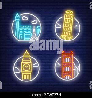 Landmarks neon sign set. Las Vegas, London Stock Vector