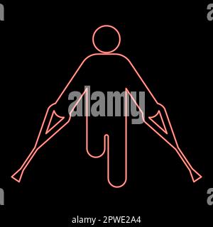 Neon man with broken leg crutch cane gypsum foot stick using sticks person crutches trauma concept red color vector illustration image flat style Stock Vector
