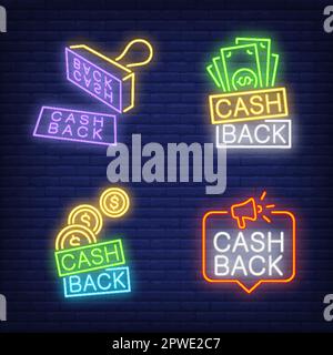 Cash back letterings, stamp and coins neon signs set Stock Vector