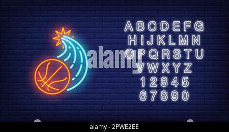 Basketball breaking through wall and flying neon sign Stock Vector