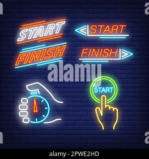 Stop watch, start and finish neon letterings set Stock Vector