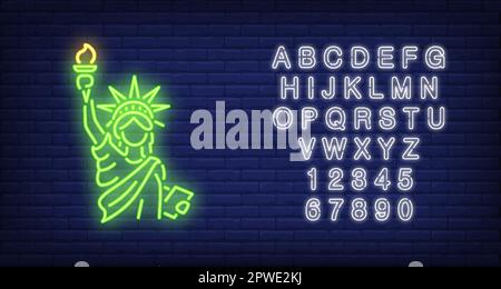 Statue of Liberty on brick background. Neon style illustration Stock Vector