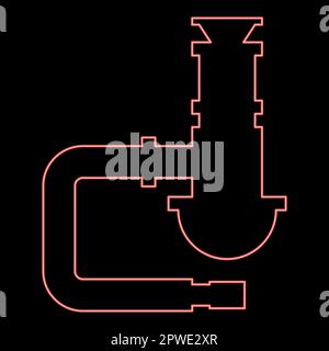 Neon siphon plumbing fixtures sewer pipe drain under sink sewerage tube red color vector illustration image flat style light Stock Vector