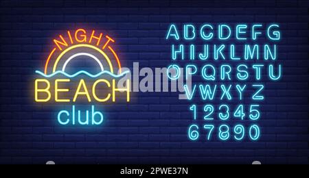 Night Beach Club lettering and rainbow. Neon sign Stock Vector