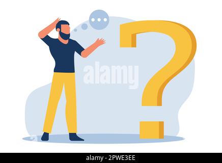 A man thinks and stands near a big question mark. A thoughtful person makes an important decision and seeks the answer to his question. Vector illustr Stock Vector