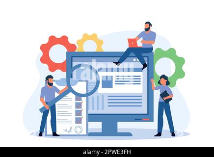 Testing a program or business application. People experts check software and security for bugs. Correction and debugging of errors in the program. Vec Stock Vector