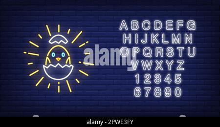 Shining chick hatching from egg neon sign Stock Vector
