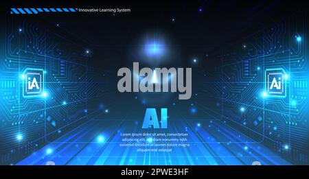 AI technology concept artificial human face in 3D outer space room with chip circuit board wall futuristic style blue background Stock Vector