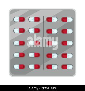 Red and white pills in blister pack cartoon illustration Stock Vector